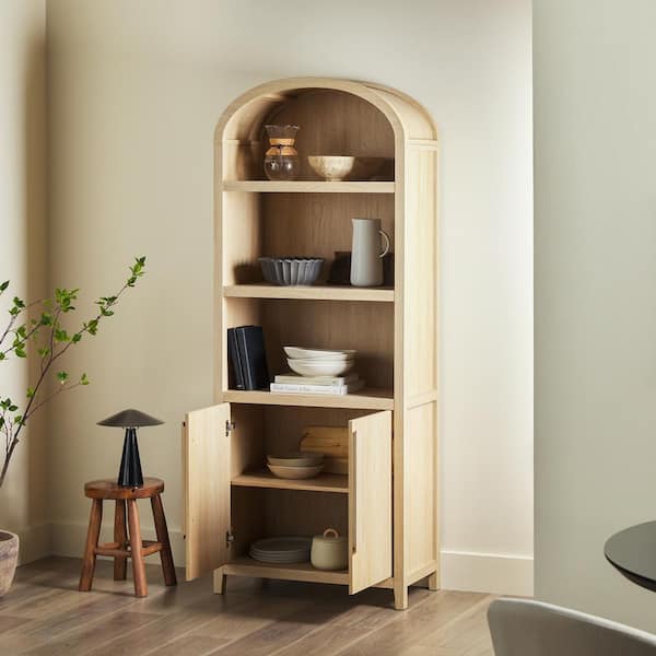 Arched 76 in. Tall Coastal Oak Wood 4-Shelf Bookcase with Closed Storage and Statement Pulls
