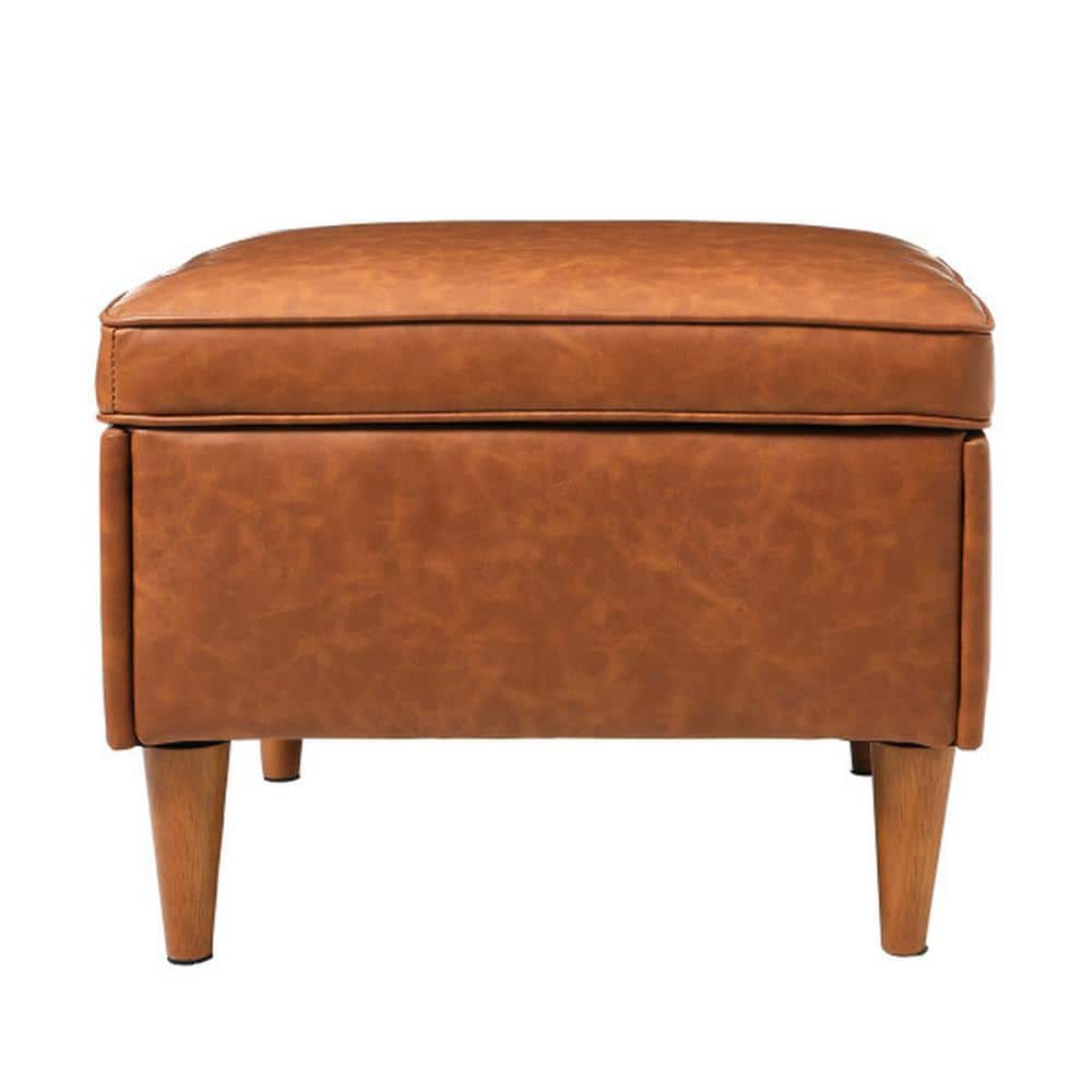 Atley Cognac Vegan Leather Storage Ottoman with Solid Wood Legs