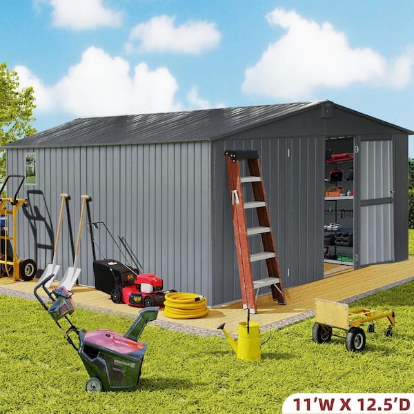11 ft. W x 12.5 ft. D Outdoor Metal Shed Tool Storage Room with Windows, Lockable Door, Dark Gray (137.5 sq. ft.)