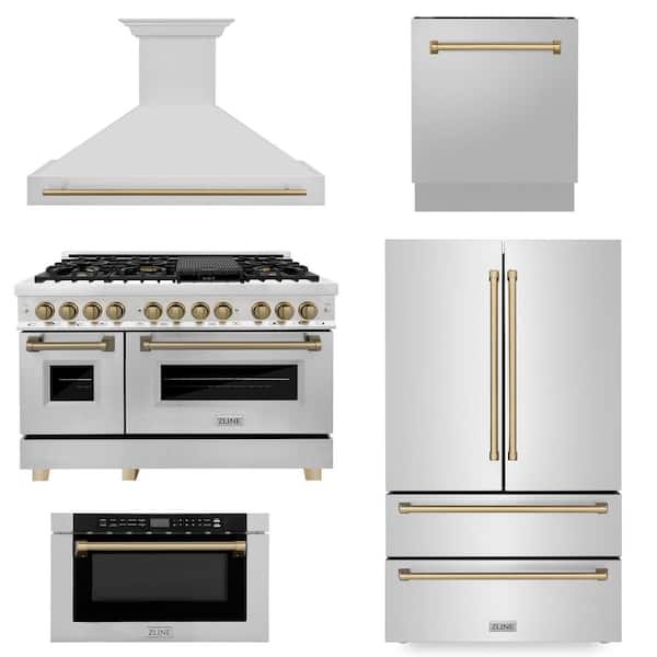 Autograph Edition Stainless Steel and Champagne Bronze 5-Piece Kitchen Suite with 48 in. Range and Hood (5-Piece)