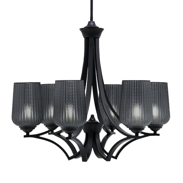 Unbranded Clevelend 6-Light Matte Black Round Chandelier with 5 in. Smoke Textured Glass Shades, No bulbs included