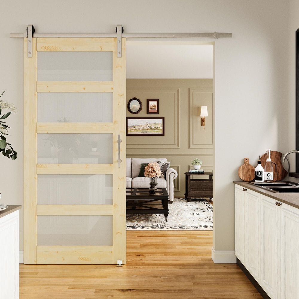 36 in. x 80 in. 5-Lite Frosted Glass Unfinished Pine Wood Sliding Barn Door with Hardware Kit Nickel price history on PriceWatchPro