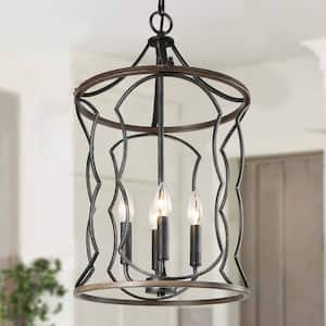 Black Chandelier Drum Candlestick Farmhouse 4-Light Lantern Chandelier Light with Faux Wood Accent