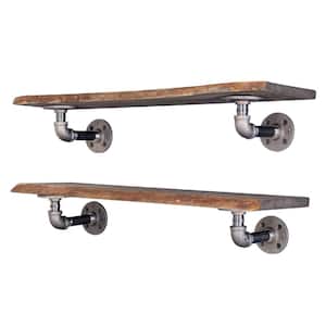 24 in. W x 7.5 in. D x 4.5 in. H Boulder Black Live Edge Wood Decorative Wall Shelf with Pipe Brackets (Set of 2)