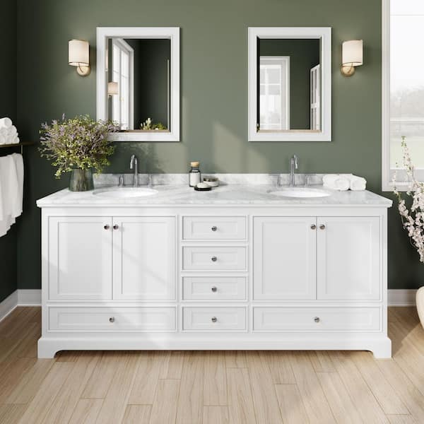 Wyndham Collection Deborah 80 in. Double Vanity in White with Marble Vanity Top in White Carrara with White Basins and 24 in. Mirrors