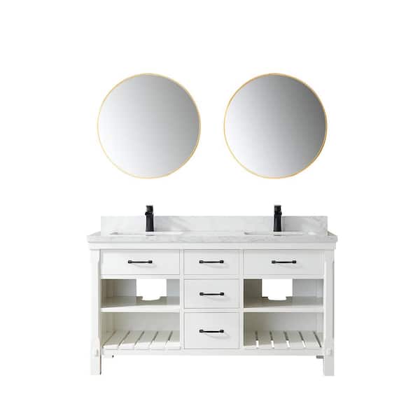 ROSWELL Valencia 60 in. W x 22 in. D x 33.9 in. H Double Sink Bath Vanity in White with White Stone Countertop and Mirror