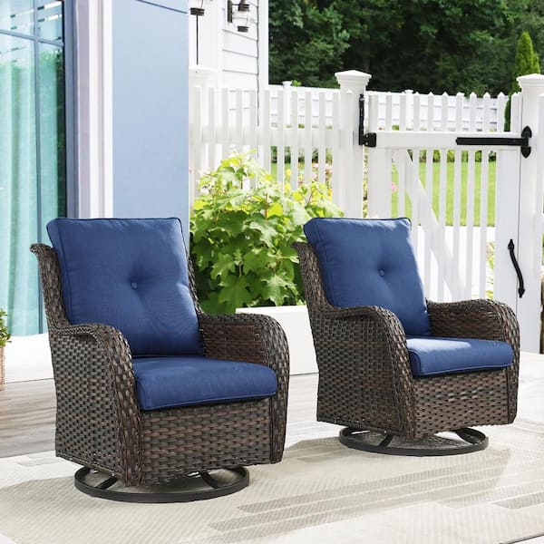 ArcoBay Metal and Brown Wicker Outdoor Rocking Chair Patio Swivel Chairs with Olefin Navy Blue Cushions (2-Pack)