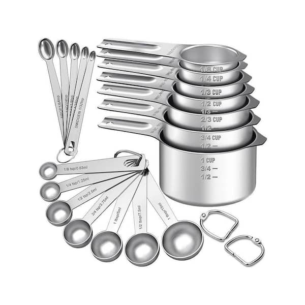 21-Piece Stainless Steel Measuring Spoon and Cup Set with Nesting Stackable Design and Detachable Rings for Baking