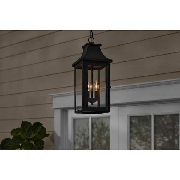 Hampton Bay Flaxton 19.25 in. 2-Lights Black Outdoor Hanging Light Pendant Light with Clear Class And No Bulb Included