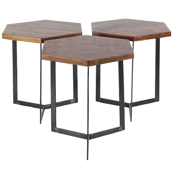 Litton Lane 18 in. Brown Hexagon Wood End Table with Black Metal Y-Shaped Bases 3-Pieces
