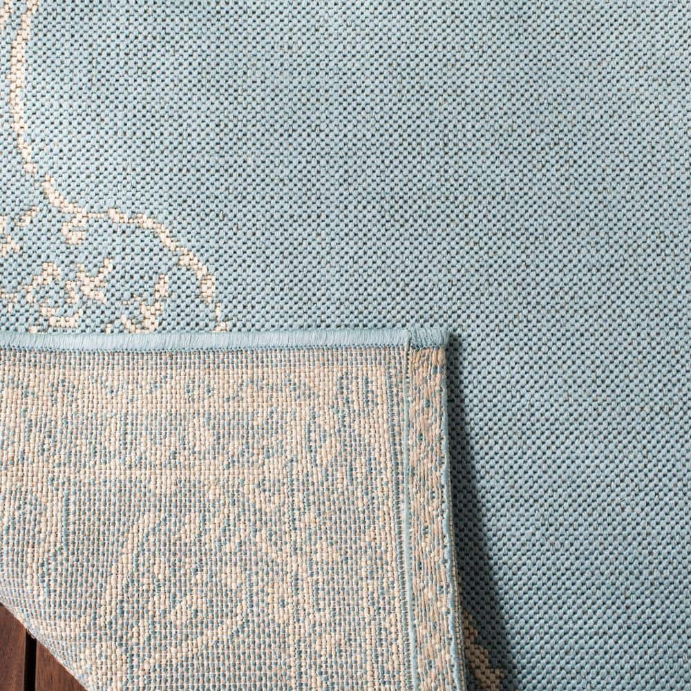 Cream and Aqua Synthetic Non-slip Runner Rug