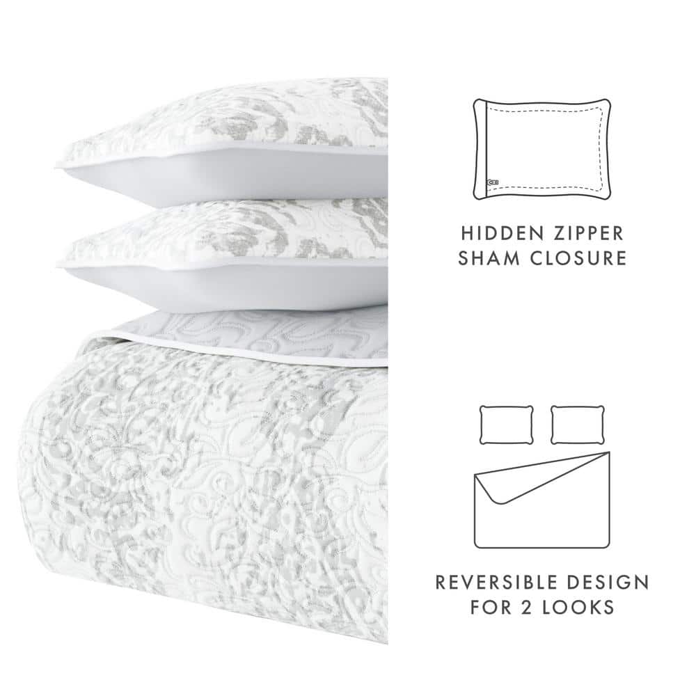 Light Gray Twin Reversible Microfiber Quilt Set with Shams