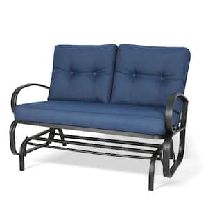 2-Person Metal Outdoor Glider Bench with Navy Blue Cushion