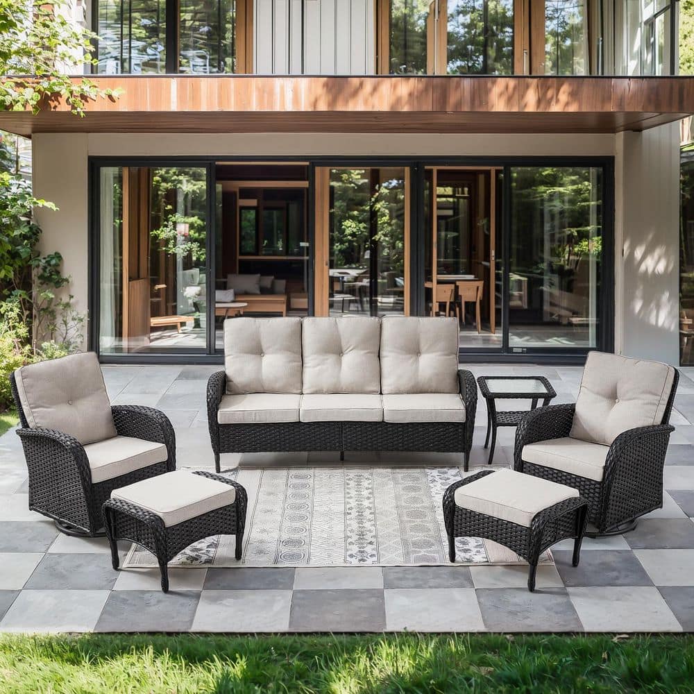 PlainCurve Brown 6-Piece PE Wicker Patio Conversation Set with Olefin Beige Cushions and Ottomans price history on PriceWatchPro