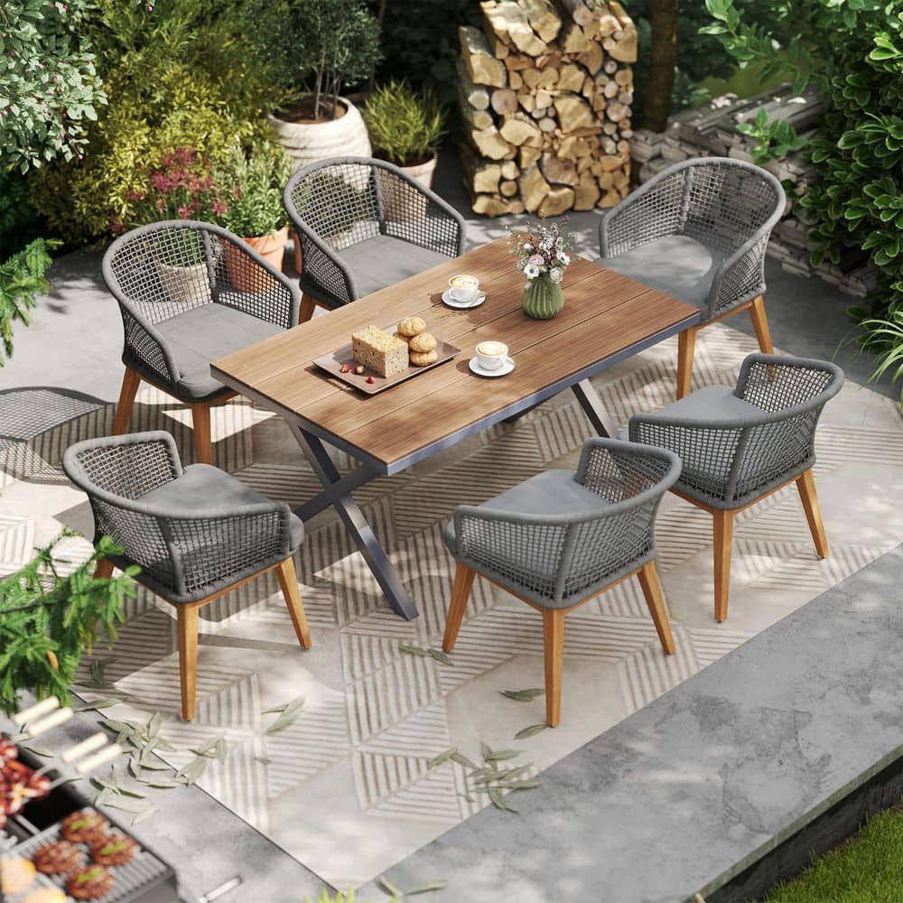 7-Piece Wicker & Wood Rectangular Outdoor Dining Set with Gray Cushions, Fine Mesh Chair