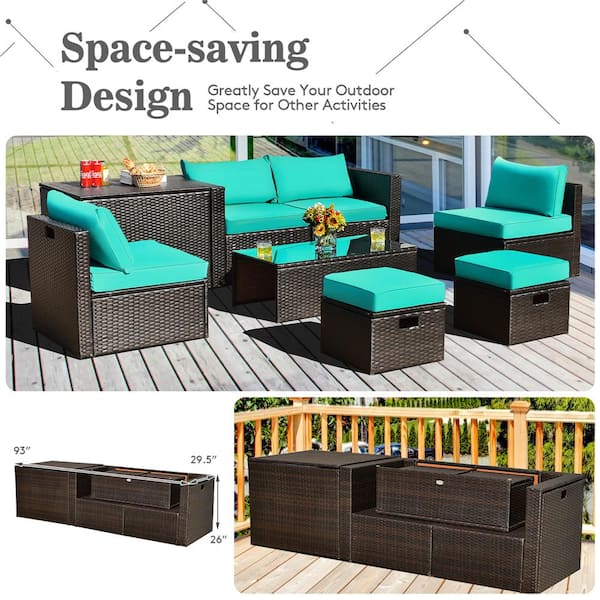 8-Piece Patio Rattan Furniture Set Space-Saving Storage Cushion Turquoise Cover
