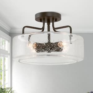 Modern Oil Rubbed Bronze Drum 12 in. 4-Light Semi-Flush Mount Ceiling Light with Seeded Glass Shade