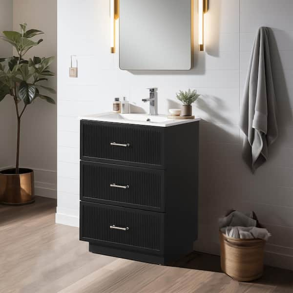 18.25 in. W x 24 in. D x 34.13 in. H 1 Sink Freestanding Bath Vanity in Black with White Ceramic Top and 3-Drawers