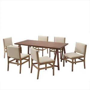 Capps 7-Piece Walnut Finish Dining Set with Wheat Fabric Upholstered Seats, Solid Wood