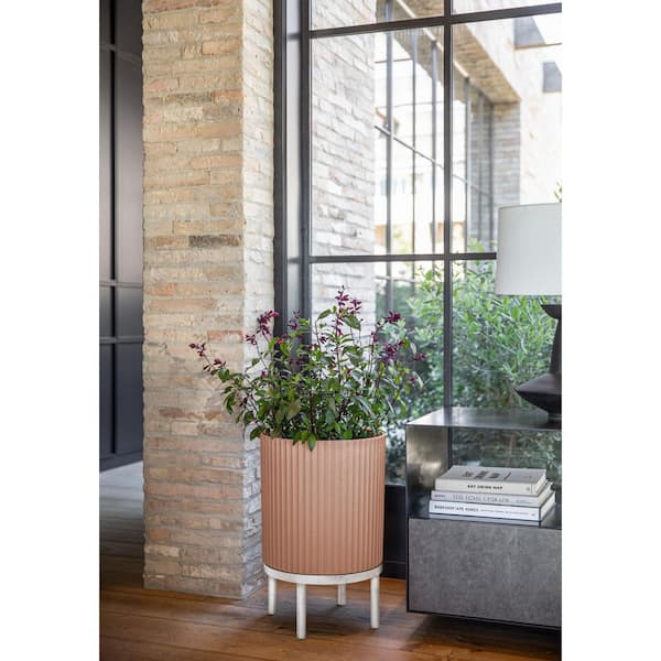 Demi Medium Terracotta Plastic Round Planter with White Stand (15 in. L x 15 in. W x 22 in. H) (2-Pack)