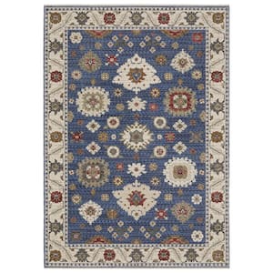 Hunter Blue/Ivory 10 ft. x 13 ft. Traditional Floral Oriental Polyester Fringe-Edge Indoor Area Rug