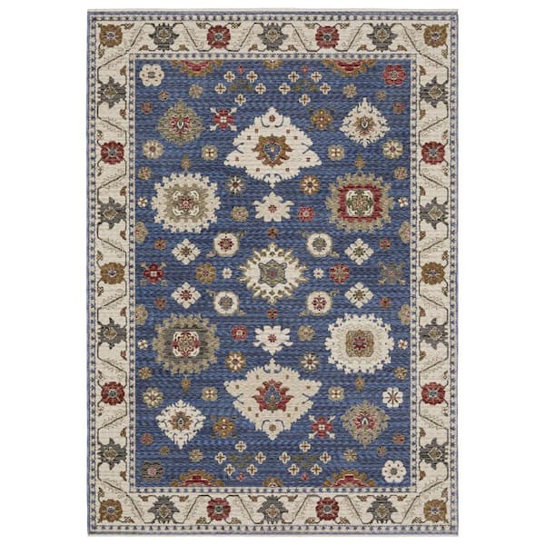 Hunter Blue/Ivory 5 ft. x 8 ft. Traditional Floral Oriental Polyester Fringe-Edge Indoor Area Rug