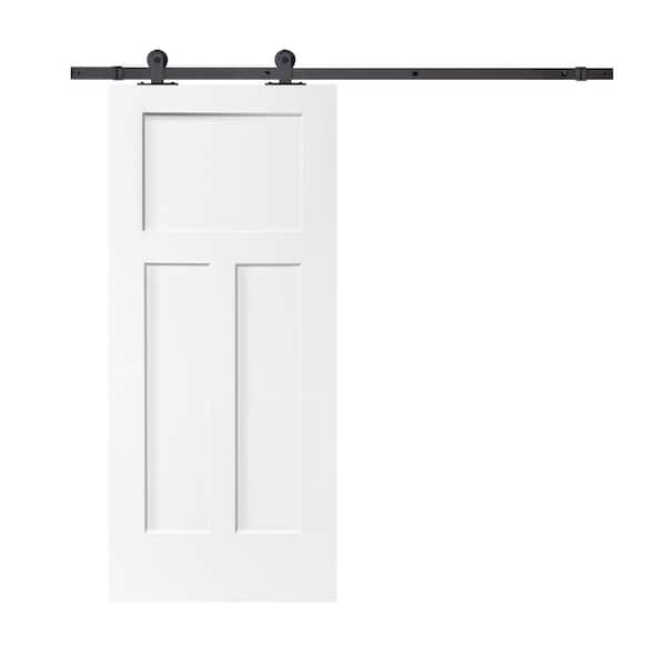 CALHOME 30 in. x 80 in. White Primed Composite MDF 3 Panel Interior Sliding Barn Door with Hardware Kit