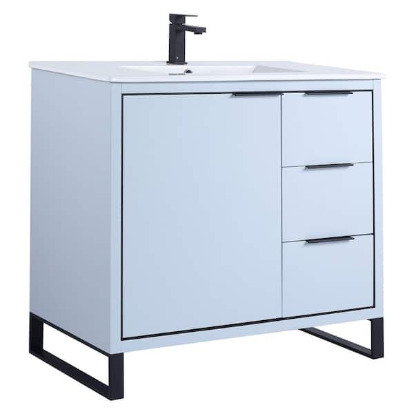 FINE FIXTURES Opulence 36 in. W x 18 in. D x 33.5 in H. Bath Vanity in Pastel Blue with White Ceramic single sink Top