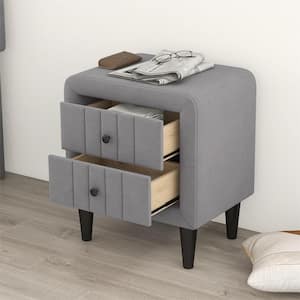 Modern Grey Wood Nightstand with 2-Drawers Velvet Bedside Table with Wood Legs Support