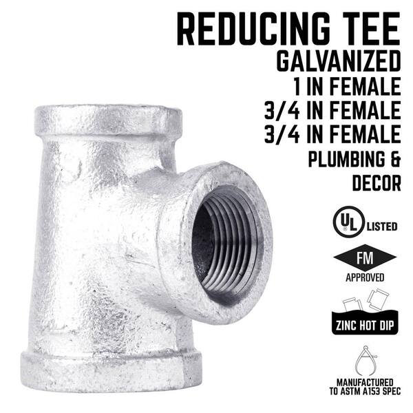 3/4 X 3/4 X 1/2 Galvanized Reducing Tee – Pipe-Decor PDG RT-343412