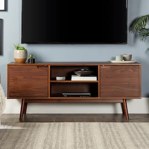 58 in. W Walnut Solid Wood TV Stand with Cutout Cabinet Handles (Max tv size 65 in.)