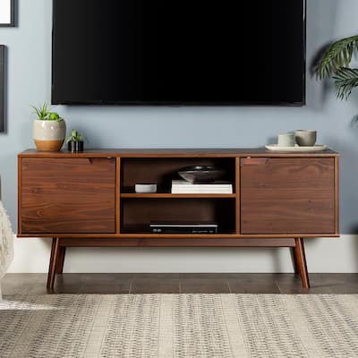 58 in. W Walnut Solid Wood TV Stand Fits TV’s up to 65 in. with Cutout Cabinet Handles