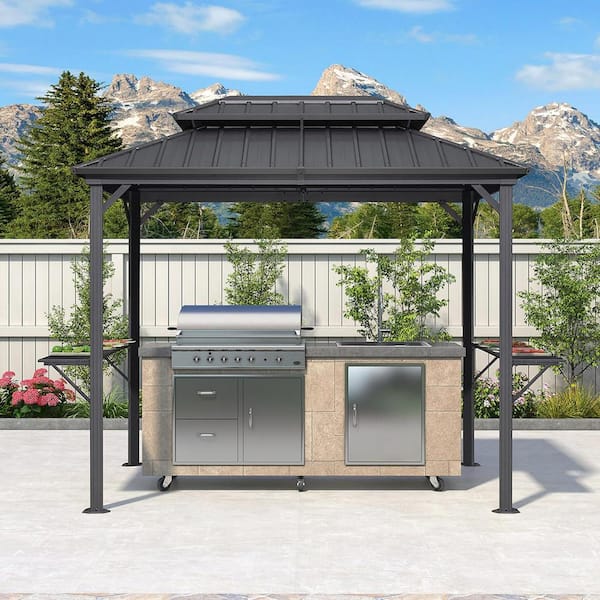 6 ft. x 9 ft. Hardtop Grill Gazebo for Patio Aluminum Barbecue Shelter Gazebo with Hooks and Shelves Double Tiered Grey