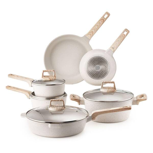 17 Piece Granite Nonstick Cookware Set, White Induction Compatible Pots and Pans