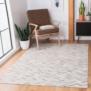 Studio Leather Ivory Grey Doormat 3 ft. x 5 ft. Geomtric Striped Area Rug