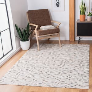 Studio Leather Ivory Grey 3 ft. x 5 ft. Geomtric Striped Area Rug