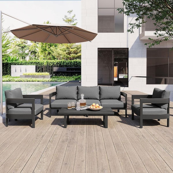 AUTMOON 4-Piece Patio Furniture Set, Modern Outdoor Conversation Set Sectional Sofa with Dark Gray Cushion and Table