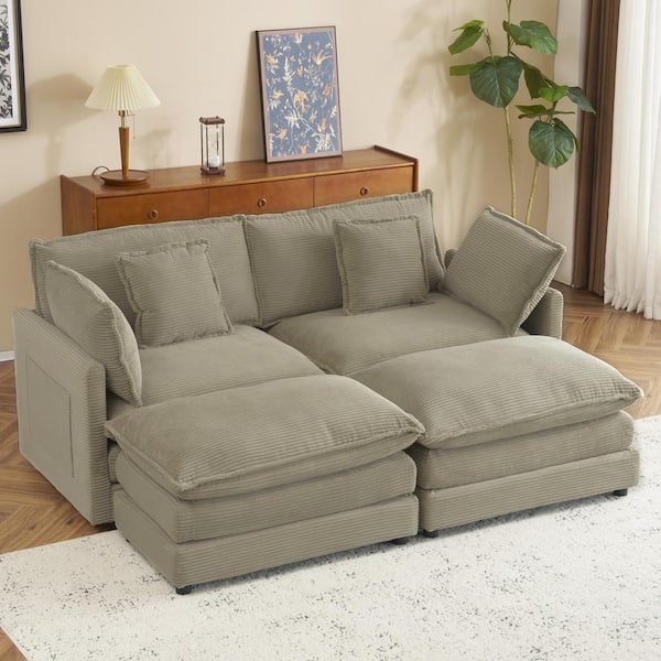 75.6 in Corduroy Rectangle Sectional Sofa in. Brown with Pillow, Side Pockets, 2-Layer Seat Cushions, 2 Ottomans