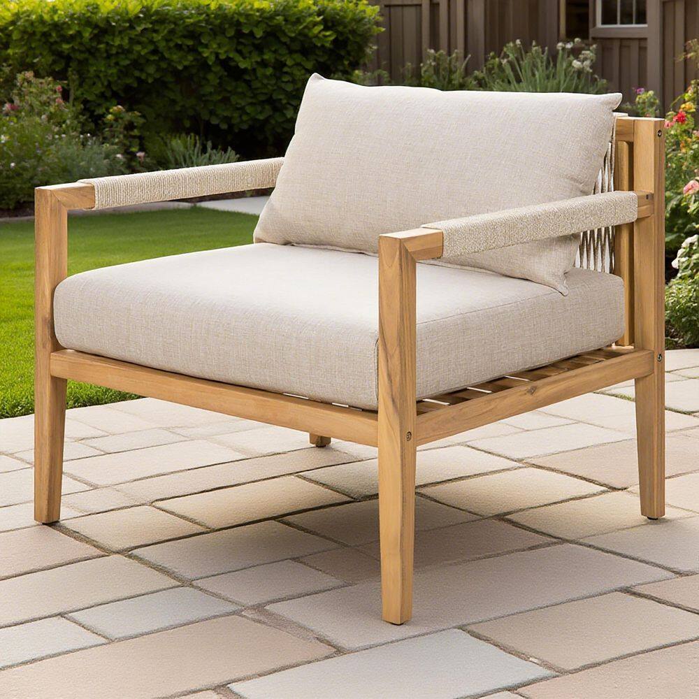 Cedarview Patio Teak Finish Solid Wood Outdoor Lounge Chair with Beige Cushions, Beige Rope Woven Back and Arm
