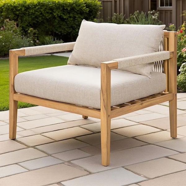 Cedarview Patio Teak Finish Solid Wood Outdoor Lounge Chair with Beige Cushions, Beige Rope Woven Back and Arm