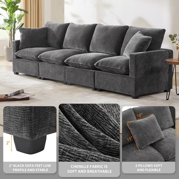 LUCKY ONE 110 in. x 29 in. Square Arm Chenille Rectangle 4 Seat Modern Modular Combinable Sofa in Gray