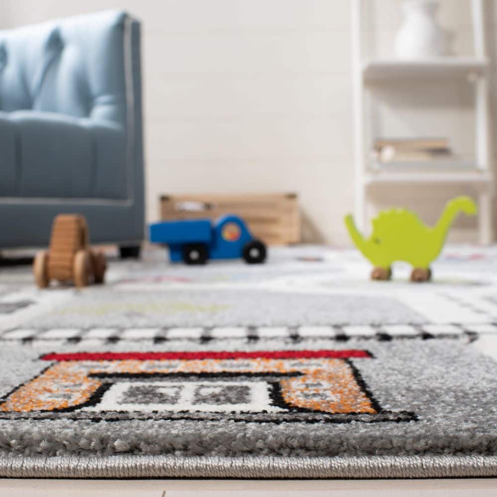 Grey and Ivory Kids Play Area Rug with Road Map Design
