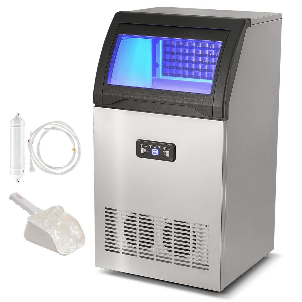Commercial Ice Maker 16 in.W 120 lbs./24H Full Size Cubes Freestanding in Silver with 33 lbs. Storage Capacity