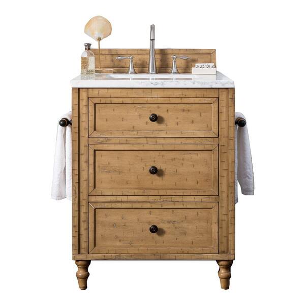 James Martin Vanities Copper Cove 26 in. W Single Bath Vanity in Driftwood Patina with Marble Vanity Top in Carrara White with White Basin