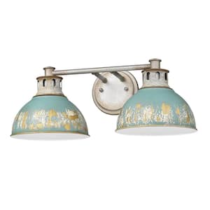 Kinsley 19.25 in. 2-Light Aged Galvanized Steel Vanity Light with Antique Teal Shades