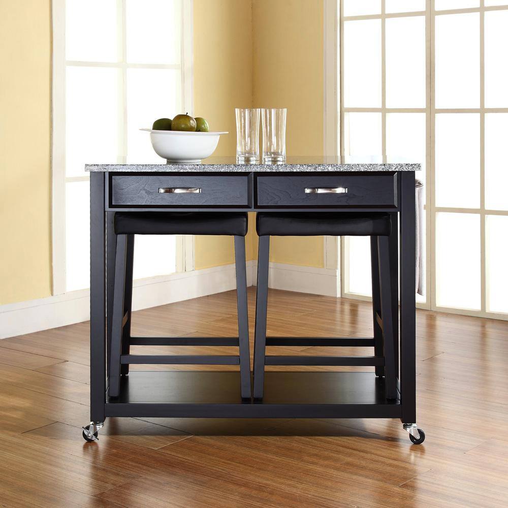 Black Granite Top Kitchen Cart with Storage and Drawers