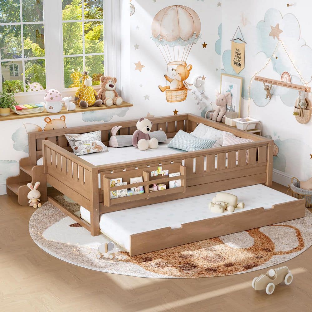 Natural Brown Wood Frame Queen Size Platform Bed with Built-in Bookshelves, Staircase and Trundle