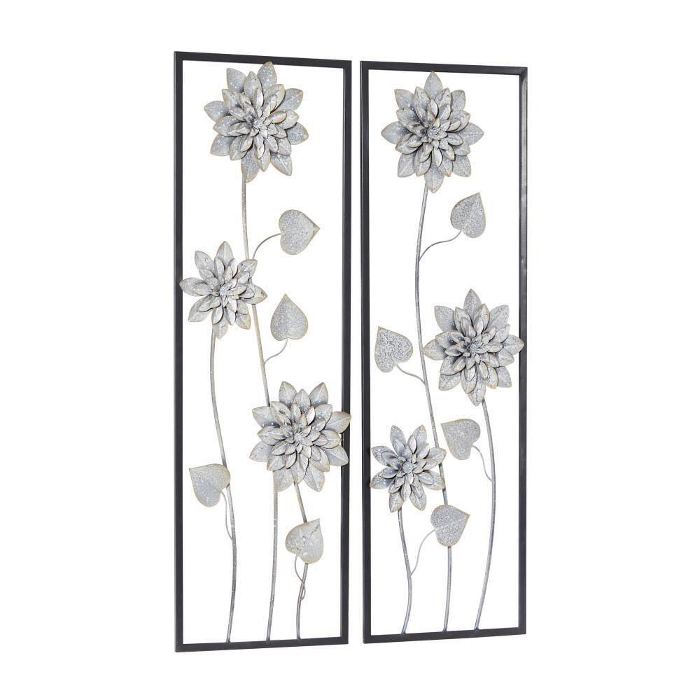 Gray Metal Floral Wall Sculpture with Black Frame, Set of 2