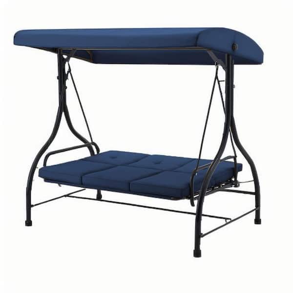 Metal Freestanding Patio Swing with Blue Cushions, Reclining Porch Swing, Outdoor Furniture for Garden, Backyard, Lawn