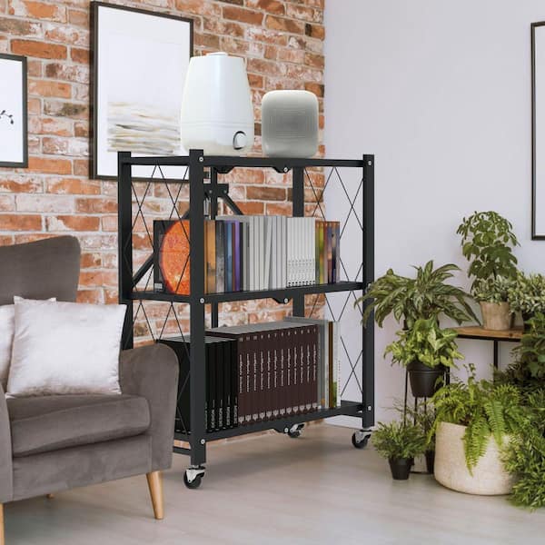 3-Tier Foldable Storage Shelf-Lockable Wheels, No Assembly, Heavy-Duty Rolling Organizer Rack in Black